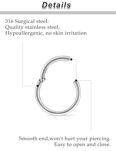 20G-2G Surgical Steel Hinged Clicker Septum Nose Rings Gauges Earrings Seamless Hoops Eyebrow Lip Ring Cliker Helix Tragus Daith Rook Earrings for Women Men - color: Silver, size: 14G(1.6mm)-8/9/10/12/14/16mm