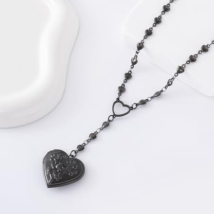 Personalized Heart Locket Necklace for Women Stainless Steel- Heart Necklace - color: Black-F