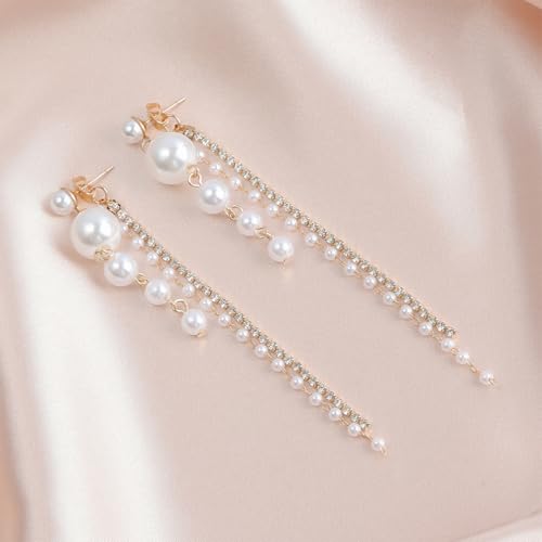 Statement Beaded Pearl Drop Dangle Earrings for Women, Charm Crystal Pearls Zircon Long Tassel Stud Earring Dangling Exquisite Prom Party Jewelry Gifts