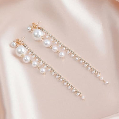 Statement Beaded Pearl Drop Dangle Earrings for Women, Charm Crystal Pearls Zircon Long Tassel Stud Earring Dangling Exquisite Prom Party Jewelry Gifts