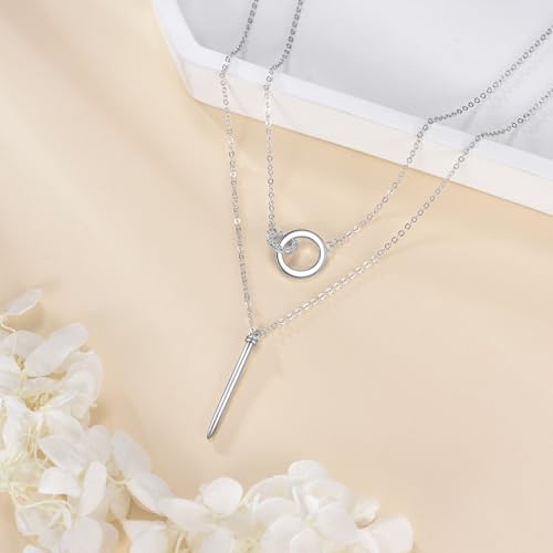 925 Sterling Silver Double Layer Vertical Bar Circle Necklace for Women, Minimalist Dainty Layered Pendant Chain Jewelry, Gift for Her