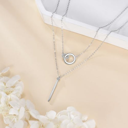 925 Sterling Silver Double Layer Vertical Bar Circle Necklace for Women, Minimalist Dainty Layered Pendant Chain Jewelry, Gift for Her