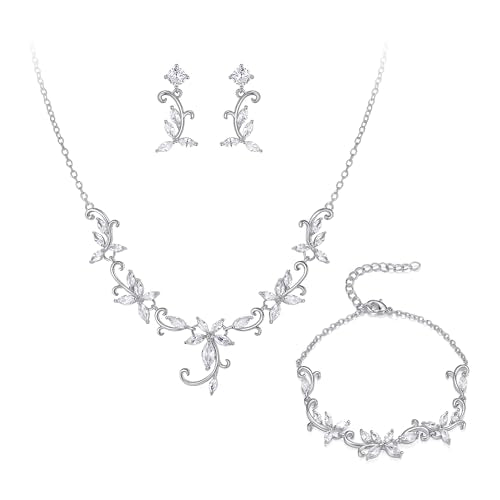 Crysdue Flower Leaf Wedding Jewelry Set for Bridal Bridemaid, Cubic Zirconia Teardrop Elegant Silver/14K/Rose Gold Plated Vine Necklace Dangle Earrings for Prom Party - style: B_Three Set Silver Tone