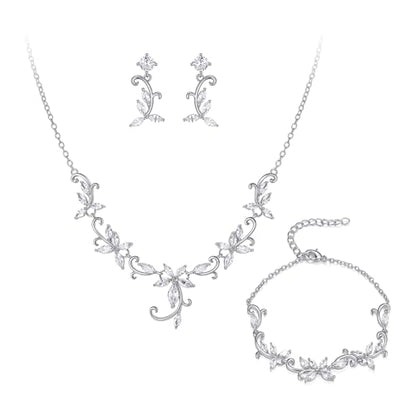 Crysdue Flower Leaf Wedding Jewelry Set for Bridal Bridemaid, Cubic Zirconia Teardrop Elegant Silver/14K/Rose Gold Plated Vine Necklace Dangle Earrings for Prom Party - style: B_Three Set Silver Tone