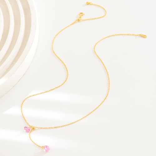 925 Sterling Silver Dainty Cubic Zirconia Lariat Heart Necklace for Women | 14k Gold Plated Cute Pink Crystal Love Heart Pendant Necklaces Adjustable Diamond Y Shaped Drop Chain Necklace Jewelry Gift - color: Gold