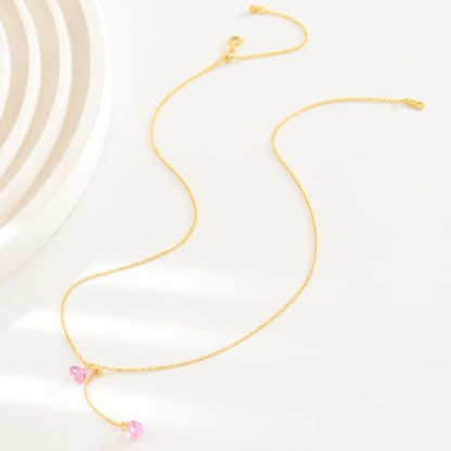 925 Sterling Silver Dainty Cubic Zirconia Lariat Heart Necklace for Women | 14k Gold Plated Cute Pink Crystal Love Heart Pendant Necklaces Adjustable Diamond Y Shaped Drop Chain Necklace Jewelry Gift - color: Gold