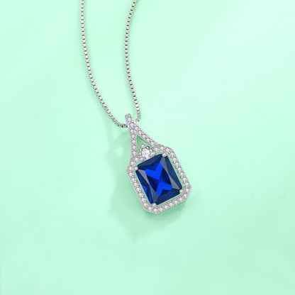 Created Gemstone Necklace 925 Sterling Silver Halo Rectangular Pendant Birthstone Necklaces Jewelry Gifts for Women - color: 09 September - Sapphire