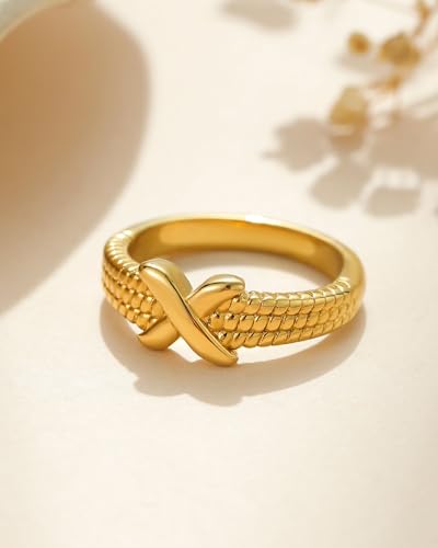 YeGieonr Gold Rings for Women Non tarnish Stainless Steel Womens Rings Dainty 18K Gold Plated Rings - color: X Rings, size: 8