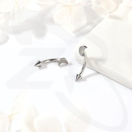 ZS 2 Pairs Stainless Steel Eyebrow Rings, 16G Curved Belly Rings Navel Barbell Helix Daith Tragus Earrings, 8/10mm Spike Vertical Labret Lip Piercing Jewelry - color: Silver,Moon-L:8/10mm