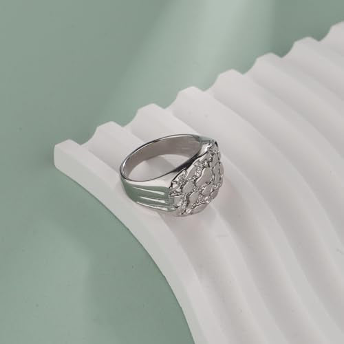 18K Gold Plated Chunky Nugget Rings for Women Stainless Steel Ring Gift Box - color: Silver