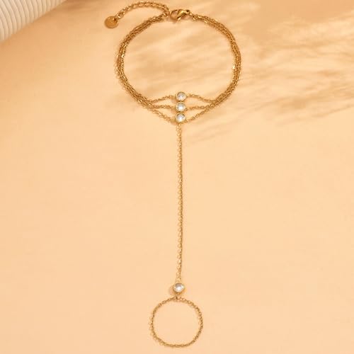 Gold Hand Chain Bracelet for Women 18K Gold Plated Stainless Steel Ring Bracelet Hand Chain with Pearl Star CZ Adjustable Hand Jewelry Chain Gifts - color: Y 3Layered CZ-Gold