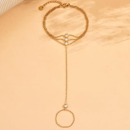 Gold Hand Chain Bracelet for Women 18K Gold Plated Stainless Steel Ring Bracelet Hand Chain with Pearl Star CZ Adjustable Hand Jewelry Chain Gifts - color: Y 3Layered CZ-Gold