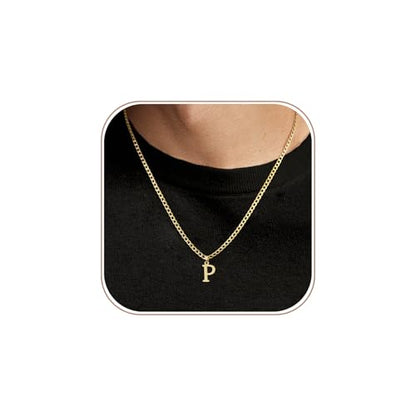 Gold Plated Initial Necklace for Men Letter Pendant Cuban Link Chain | Stainless Steel 4mm 20 Inch Chain Non Tarnish 14K A-Z Capital Name Charm Custom Jewelry Gift - color: P