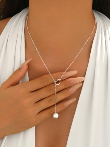 Heart Pearl Y Drop Lariat Long Necklace for Women | 925 Sterling Silver 14K Gold Plated Prom Wedding Bridal Necklace Cute Dainty Layered Dangle Necklace Summer Jewelry - color: Silver