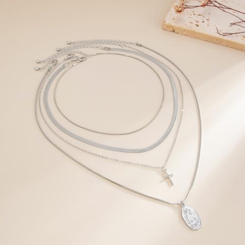 Gold Layered Necklace for Women Chunky Stacked Chain Link Paperclip Evil Eye Necklace Trendy Punk Jewelry - color: T-SilverB