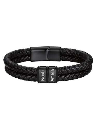 Custom4U Personalized Braided Leather Bracelet for Men with Name Engraved | 1-5 Name Engraving, Stainless Steel Bead, 7.5/8.3/9 Inch Black Leather, Gift Design for Men with Custom Keepsake Cards - color: 02-Black Color-To My Love, size: 2 Names