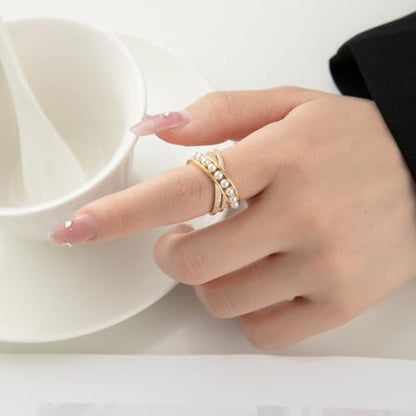 Kokoma Dainty Flower Ring for Women Sparkling Cubic Zirconia Daisy Open Statement Rings Pearl Chic Engagement Promise Ring Wrap Finger Band - color: Cross
