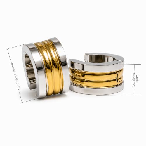 Huggie Hinged Hoop Earrings, Stainless Steel, Classic, mens womens, Cool - color: Gold with Silver Stripes