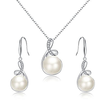 EleQueen 925 Sterling Silver CZ Freshwater Cultured Pearls Bridal Pendant Necklace Earrings Wedding Jewelry Sets, Valentine's Day/Mother's Day/Christmas Gift - style: Pearl Jewelry Sets