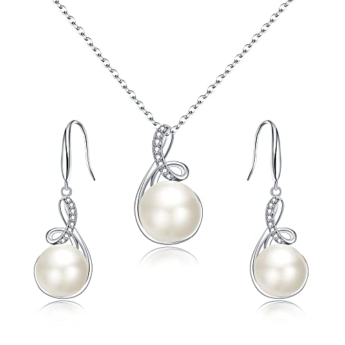 EleQueen 925 Sterling Silver CZ Freshwater Cultured Pearls Bridal Pendant Necklace Earrings Wedding Jewelry Sets, Valentine's Day/Mother's Day/Christmas Gift - style: Pearl Jewelry Sets
