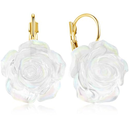 Handmade Bohemian Aesthetic Dainty Acrylic Flower Petal Leverback Earrings Sparkly 14K Gold Floral Dangle Drop Earrings for Women - color: White