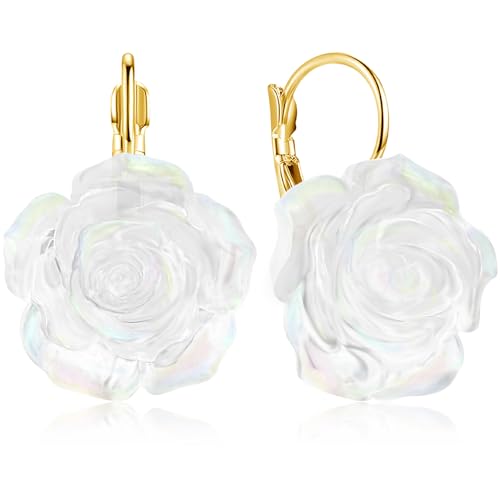Handmade Bohemian Aesthetic Dainty Acrylic Flower Petal Leverback Earrings Sparkly 14K Gold Floral Dangle Drop Earrings for Women - color: White