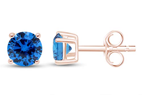 Birthstone Stud Earrings for Women 4MM Round Simulated Gemstone Studs | Push Back Earrings In 14K Gold Over Sterling Silver - color: December - Blue Topaz