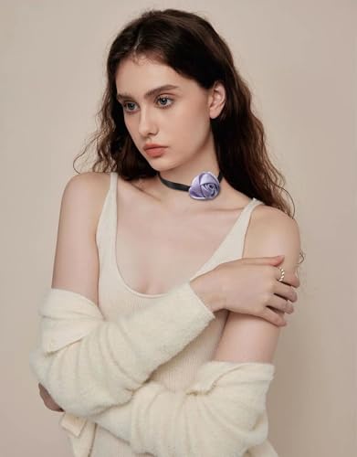 Firstmeet Floral Rose Necklace Handmade Flower Satin Ribbon Choker Necklace for Women - color: Purple
