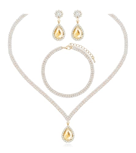 Elegant Silver Crystal Wedding Necklace Earrings Bracelet Jewelry Set for Women Brides Bridesmaids Prom Party Costume Accessory Bridal Jewelry - color: champagne-gold