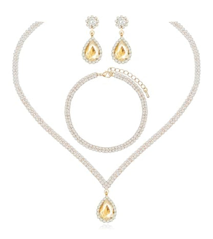 Elegant Silver Crystal Wedding Necklace Earrings Bracelet Jewelry Set for Women Brides Bridesmaids Prom Party Costume Accessory Bridal Jewelry - color: champagne-gold