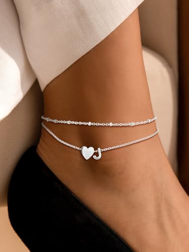 Suplight Initial Ankle Bracelets for Women 14K Gold Plate Waterproof No Tarnish Anklets Layered Heart Letter Anklet Adjustable Plus Size Foot Chain Summer Beach Boho Jewelry Silver Black 8.5-10 Inch - color: Silver, style: 2.B