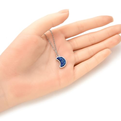 Adabele Natural Druzy Necklace Small Tiny Moon Gemstone Pendant 18 inch Sparkly Agate Stone Crystal Women Jewelry Tarnish Resistant Stainless Steel/Gold Plated Chain - color: Purple blue druzy - stainless steel