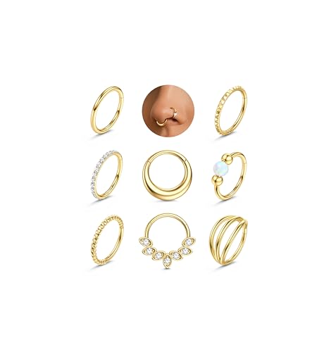 LOLIAS Septum Nose Rings Hoops - 316L Surgical Steel Septum Rings CZ Opal Silver 14K Gold Plated Hoop Nose Ring for Women 16G/18G Clicker Cartilage Earring Conch Daith Nostril Piercing Jewelry 8mm/10mm 8Pcs - color: 14K Gold, size: 18G 8MM