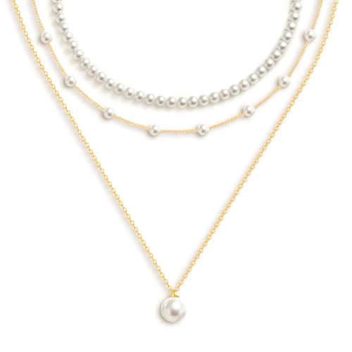 OGD Gold Pearl Necklace Set for Women 14K Plated Layered Daisy Choker Gift - color: 3PCS-Gold