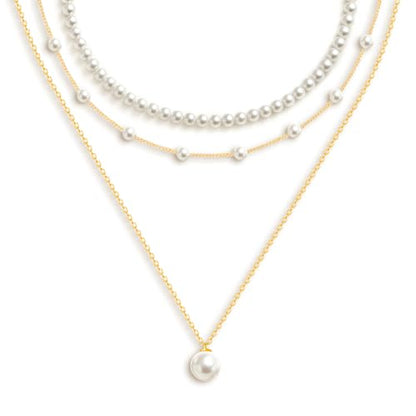 OGD Gold Pearl Necklace Set for Women 14K Plated Layered Daisy Choker Gift - color: 3PCS-Gold