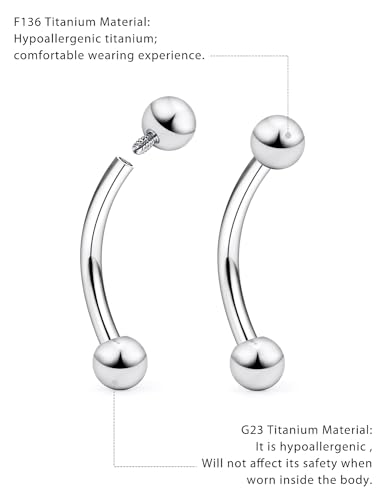 16g/18g/20g Titanium Internally Threaded Eyebrow Piercing Jewelry Vertical Labret Lip Jewelry Curved Barbell Tiny Eyebrow Ring Rook Earring Small Belly Button Ring for Women Men - color: ball,20g,bar:8mm