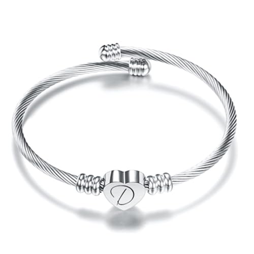 A-Z Silver Love Heart Initial Letter Alphabet Name Cuff Bracelet Open Bangle Adjustable Jewellery Gift For Daughter Sisters Friends Mum Birthday Compatible With Pandora Clip Charm - color: D Silver Heart