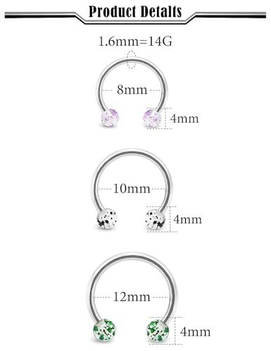 20G 18G 16G 14g Septum Rings Surgical Steel Horseshoe Nose Septum Rings Cartilage Helix Tragus Rook Daith Earring Hoop Lip Piercing Jewelry Retainer for Women Men - style: 14g-inner dia:8mm 10mm 12mm-4mm balls