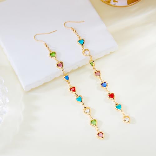 Sparkly Crystal Heart Long Chain Drop Earrings For Women Colorful Love Heart Tassel Statement Dangle Earrings Birthday Prom Jewelry Gifts - color: Gold