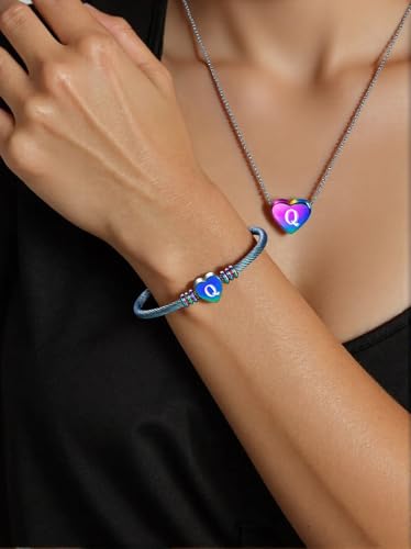 MYNENEY Necklace and Bracelet for Women Stainless Steel Initial Jewelry Set - color: Rainbow-Q