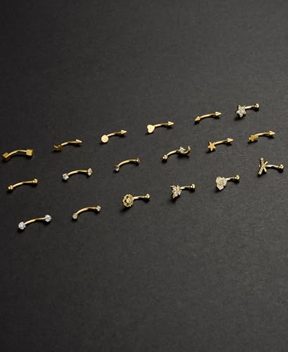 18Pcs Eyebrow Piercing Jewelry 16G Surgical Steel Curved Barbell Eyebrow Rings Butterfly Moon Vertical Labret Monroe Lip Belly Button Rook Daith Tragus Earrings for Women Men Gold Silver 10mm - color: Gold