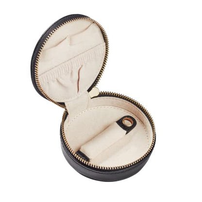Everyday Genuine Cow Leather Zip Around Mini Travel Jewelry Box Organizer with Zipper Closure (Midnight Black) - color: Midnight Black