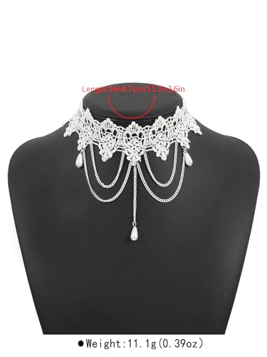 Lace Choker Necklace for Women Tassel Pendant Choker Necklaces Elegant Boho Collar Necklaces Statement Artistic Chain Necklace with Pearl Halloween Party Cosplay Costume Jewelry - color: White Lace Pearl-1