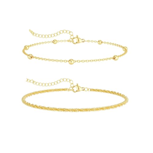 Double Layer Gold Anklet Set for Women Simple Silver Bead Minimalist Foot Jewelry Adjustable Chain Beach Accessories - style: A Gold Style