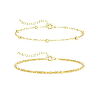 Double Layer Gold Anklet Set for Women Simple Silver Bead Minimalist Foot Jewelry Adjustable Chain Beach Accessories - style: A Gold Style
