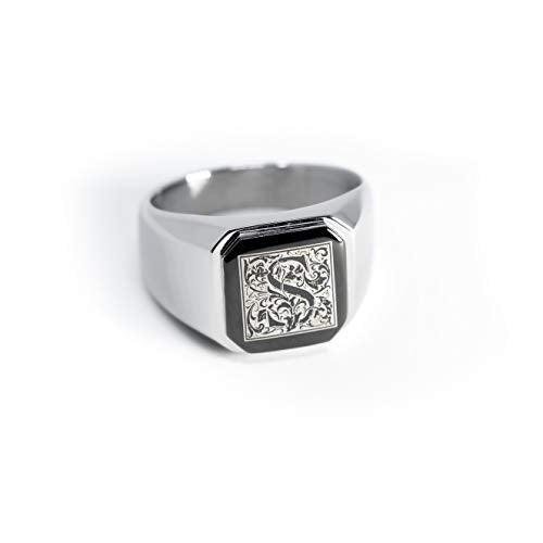 Jewelry | Stainless Steel Letter Alphabet Initial Ring | Square Flat Top Ring for Men & Women | Stainless Steel Jewelry, (Black, Gold, Silver), Size 7-16 - color: Silver, size: 9, style: Letter S