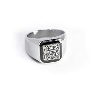 Jewelry | Stainless Steel Letter Alphabet Initial Ring | Square Flat Top Ring for Men & Women | Stainless Steel Jewelry, (Black, Gold, Silver), Size 7-16 - color: Silver, size: 9, style: Letter S