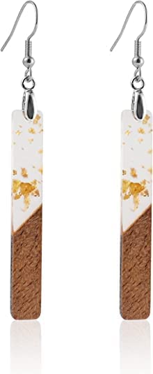 Boho Dangling Statement Earrings Simple Chic Wooden Earrings, Resin Geometric Bar Pendant Wood Earrings - color: gold