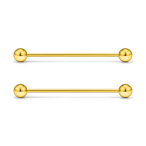16G 14G Surgical Steel Tongue Rings Nipple Rings Industrial Piercing Jewelry Set Multi Size Straight Barbells 12mm 14mm 16mm 19mm 22mm 28mm 32mm 35mm 38mm 40mm 45mm for Women Men - color: goldtone, size: 16g,bar length 32mm