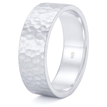 925 Sterling Silver Wedding Ring Hammered Flat Pipe Cut Textured Thick & Durable Handmade Unisex Mens & Women Rustic Engagement Promise Band - US Size 4-13 - Custom Engraving - color: 01 - 7mm Silver